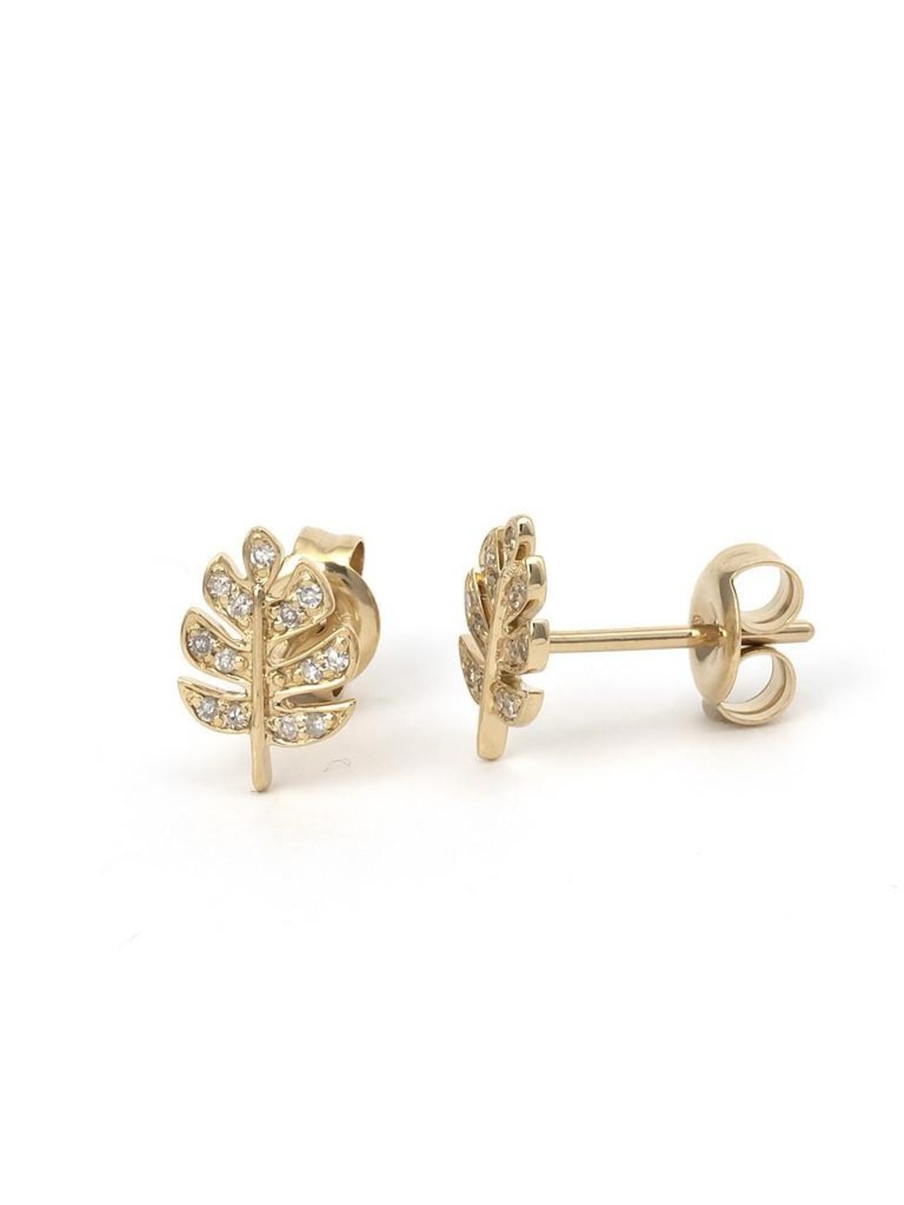 14K Real Solid Yellow Gold Leaf Natural Diamond Earrings 6x9mm 0.08ctw